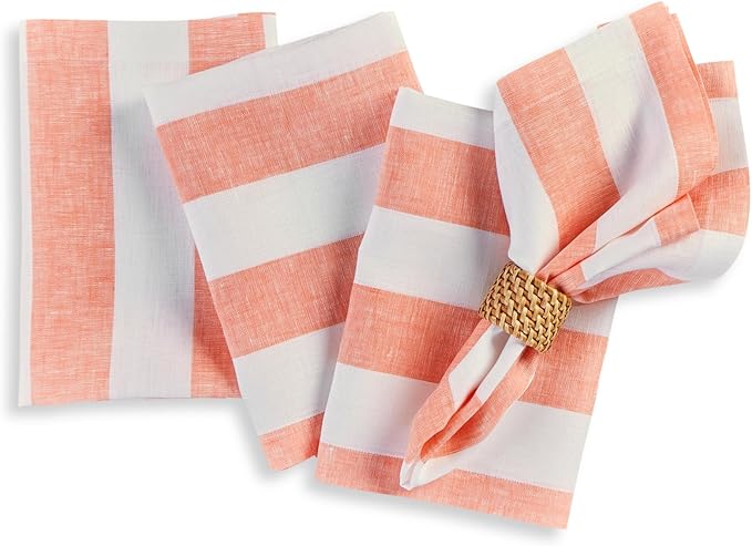 Solino Home Linen Cloth Napkins Set of 4-100% Pure Linen Salmon and White Striped Dinner Napkins 20 x 20 Inch - Cabana Stripe, Handcrafted and Machine Washable