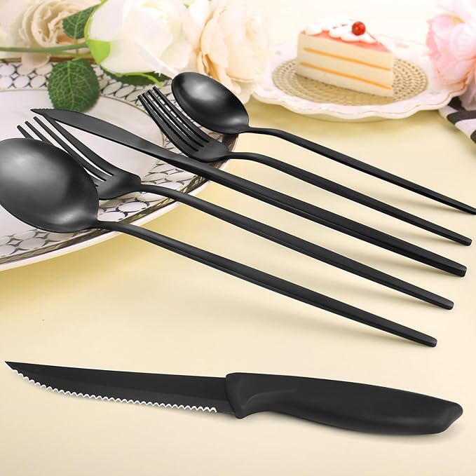 24-Piece Matte Black Tableware Set with Steak Knives,Black Flatware Set for 4,Stainless Steel Kitchen Utensil Set Include Spoons And Forks Set, Dishwasher Safe