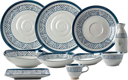 Porcelain Dinnerware Sets, 28 Pieces Ceramics Dinner Combination Set | Blue and White Lines Cereals Bowls and Steak Plates Sets