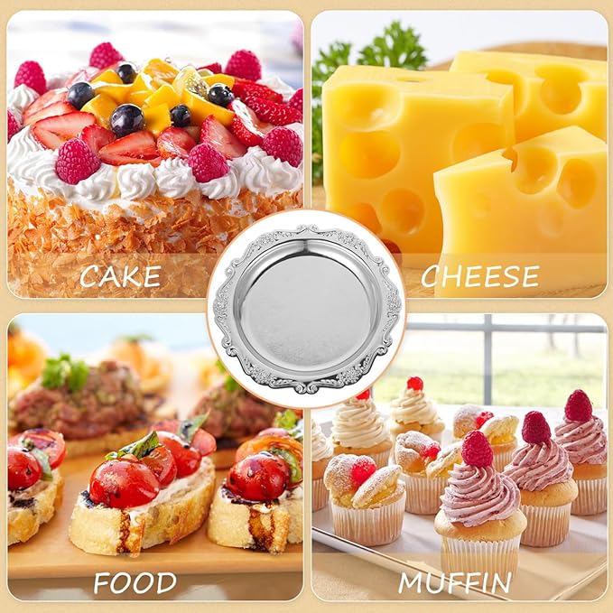 Kichvoe Round Platter Serving Tray Decorative Plate Metal Ottoman Dish Coffee Table Perfume Tray Dessert Plate Jewelry Storage Organizer for Kitchen Bathroom Silver- 7.86Inch