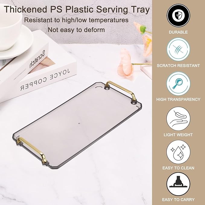 PATIKIL 16.1 x 8.7 Inches Plastic Serving Tray with Golden Handles, Reusable Tray Rectangular Party Platters for Dessert Coffee Tea Table, Living Room Kitchen Countertop, Gray