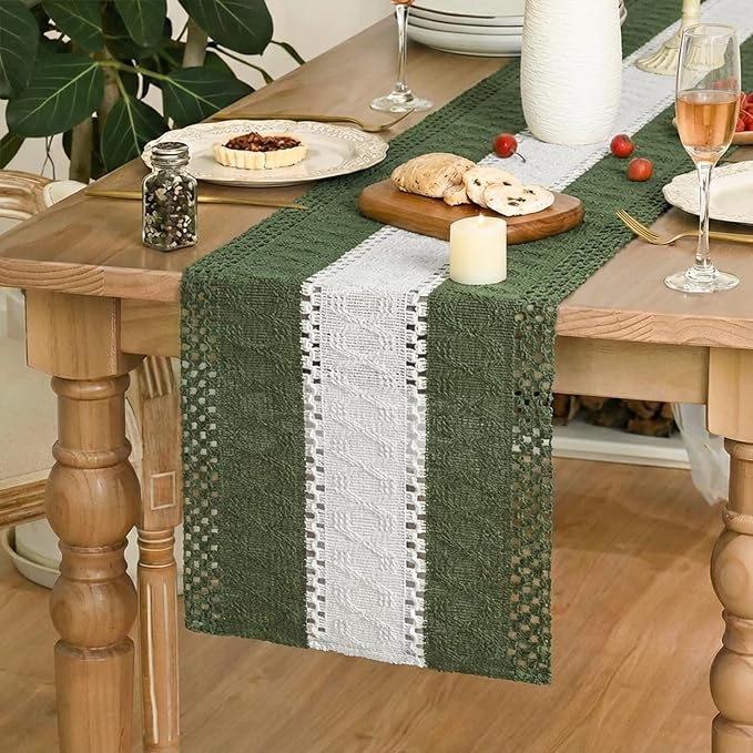 Artoid Mode Army Green Farmhouse Rustic Table Runner, Seasonal Hollow Kitchen Dining Table Decoration for Home Party Decor 12x108 Inch