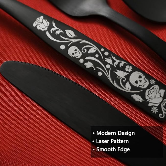 20-Piece Matte Black Silverware Set for 4, Skull Rose Cultery Set 18/0 Stain Finish Stainless Steel, Gothic Skeleton Pattern Decorative Flatware Set, Daily Halloween Party Event Serving For 4