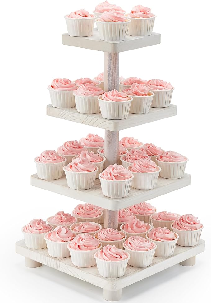 Weselljars Wooden Cupcake Stand Holder：4-Tierd 20in White Square Cake Stand,Rustic Dessert Table Display,Easy to Assemble and with Instruction,Great for Wedding/Party/Birthday/Home Decor