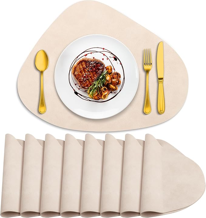 ADRIMER Placemats, Heat Resistant Round Placemats Set of 8 Washable 13 x 17 Inch, Waterproof Table Mats Wipeable for Kitchen, Dining Room Table Christmas Decor, Beige