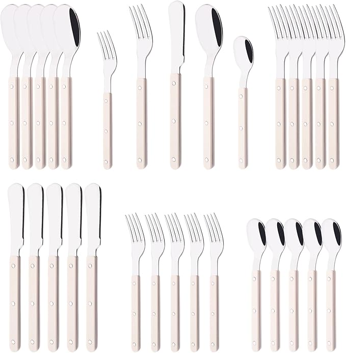 30 PCS Stainless Steel Flatware Set for 6, Silverware Set with Colored Handles, Retro Style Forks Spoons and Knives Set, Vintage Eating Utensils, Beige Acrylic Handle with Rivets Design