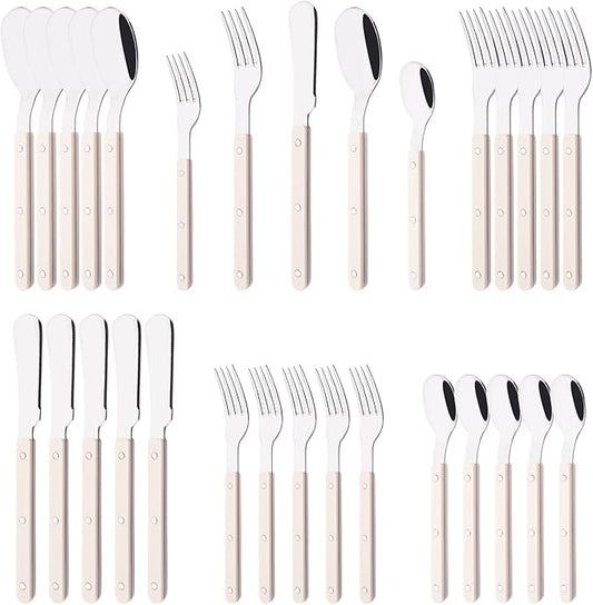 30 PCS Stainless Steel Flatware Set for 6, Silverware Set with Colored Handles, Retro Style Forks Spoons and Knives Set, Vintage Eating Utensils, Beige Acrylic Handle with Rivets Design