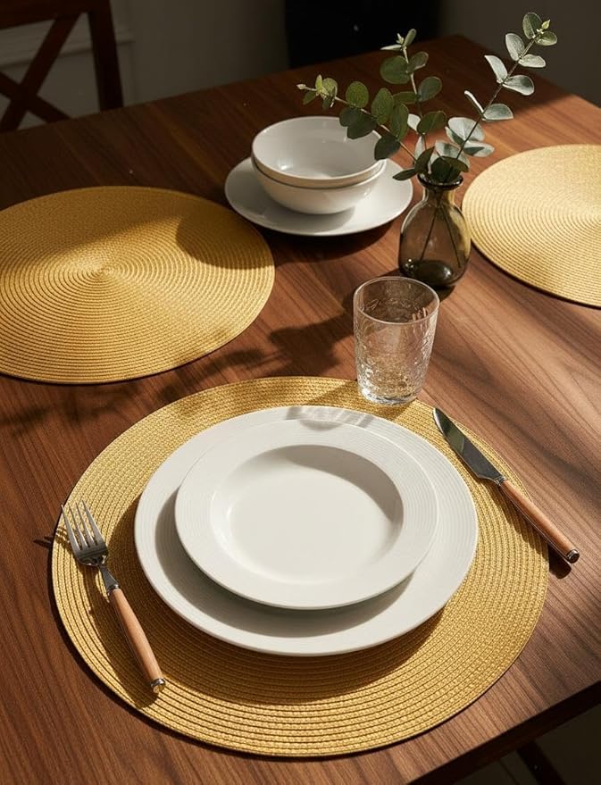 FunWheat Round Braided Placemats Set of 4 Table Mats for Dining Tables Woven Washable Non-Slip Place mats 15 inch(Pumpkin Yellow,4pcs)