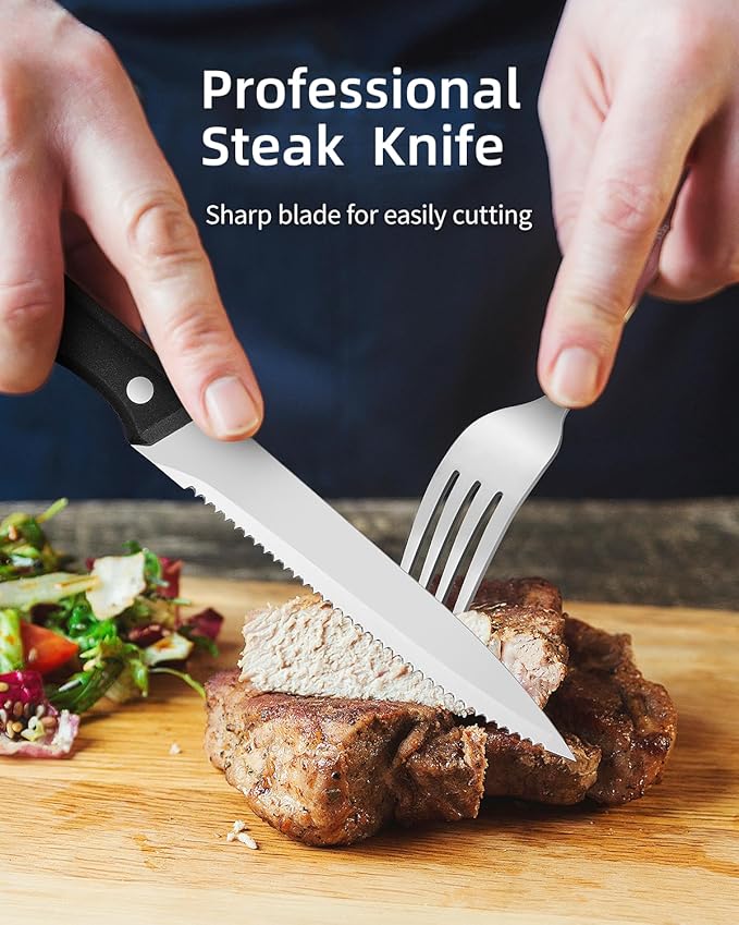 Hammered Silverware Set for 4, Heavy Duty 18/0 Flatware Set with Steak Knives, Aswwid 24 Pcs Stainless Steel Kitchen Cutlery Set Include Forks Spoons and Knives, Mirror Utensil Dishwasher Safe