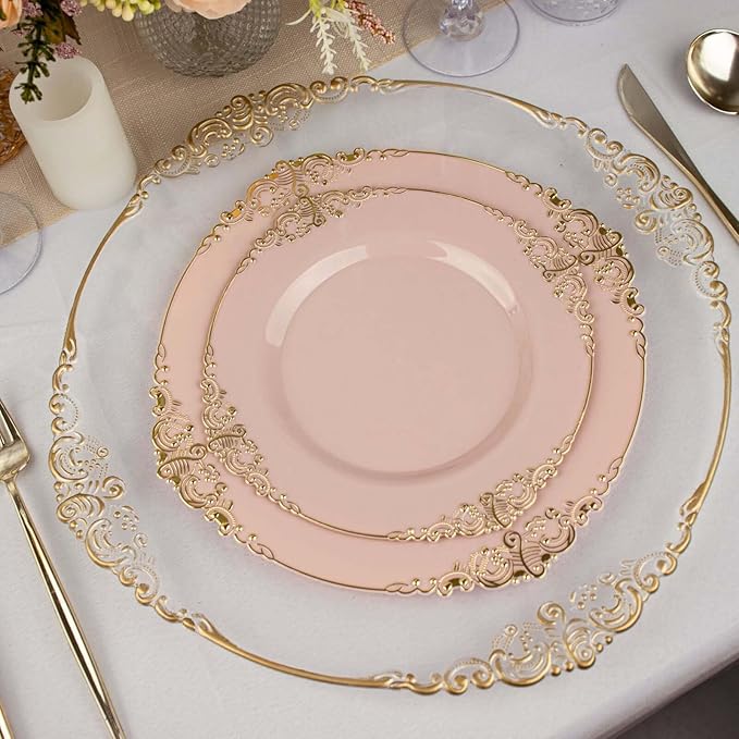 10" Dinner Plates -Set of 10 - Plastic Blush Round Baroque Disposable Chargers Leaf Embossed Rim, Ideal for Dinner Party Wedding Bulk Events