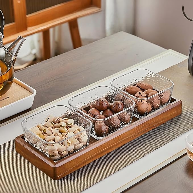 Premium Walnut Snack Tray with Lid, Glass Divided Fruit & Nut Bowl Set, Wooden Coffee Table Serving Tray for Candy, Dried Fruit, Desserts, Condiments, Charcuterie & Home Entertaining (3)