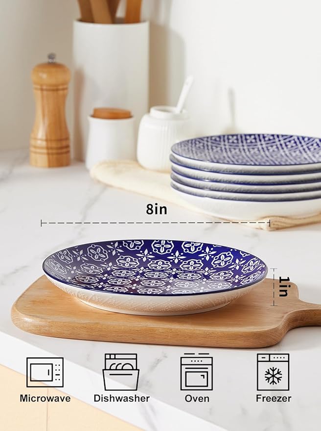 Salad Plates, Blue and White Dessert Plates, 8 Inch Colorful Ceramic Dish Set for Pasta, Set of 6, Dishwasher & Microwave Safe