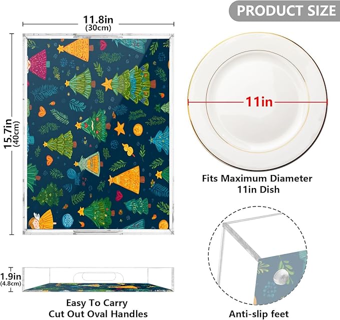Serving Tray with Handles Clear Acrylic Tray 12x16 Inch Decorative Rectangular Tray Organizer for Ottoman Coffee Table Bathroom Blue Christmas Tree and Love Star
