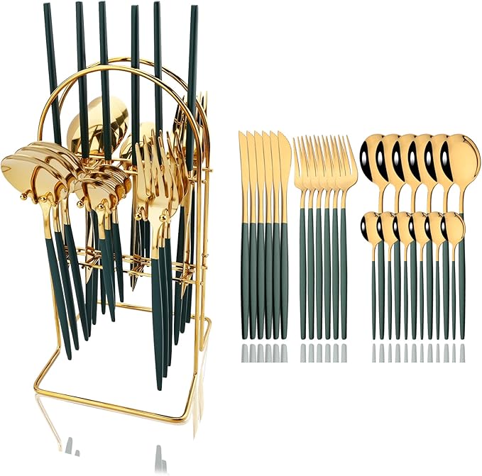 JASHII Hanging Flatware Set Include Knife Fork Spoon Teaspoon and Stand, 24pcs Stainless Steel Utensils Set Service for 6,Modern Design & Mirror Polished, Dishwasher Safe - Green Gold