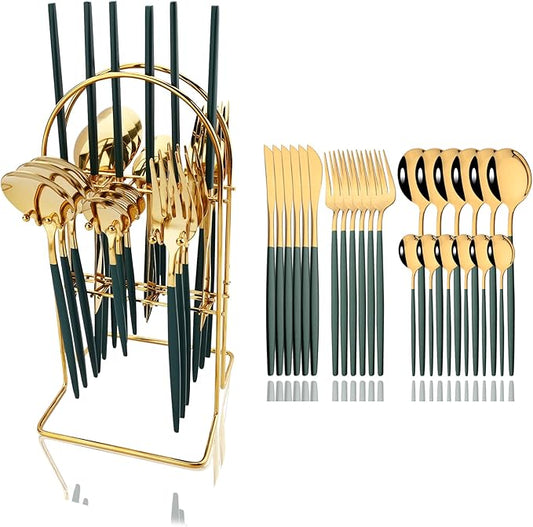 JASHII Hanging Flatware Set Include Knife Fork Spoon Teaspoon and Stand, 24pcs Stainless Steel Utensils Set Service for 6,Modern Design & Mirror Polished, Dishwasher Safe - Green Gold