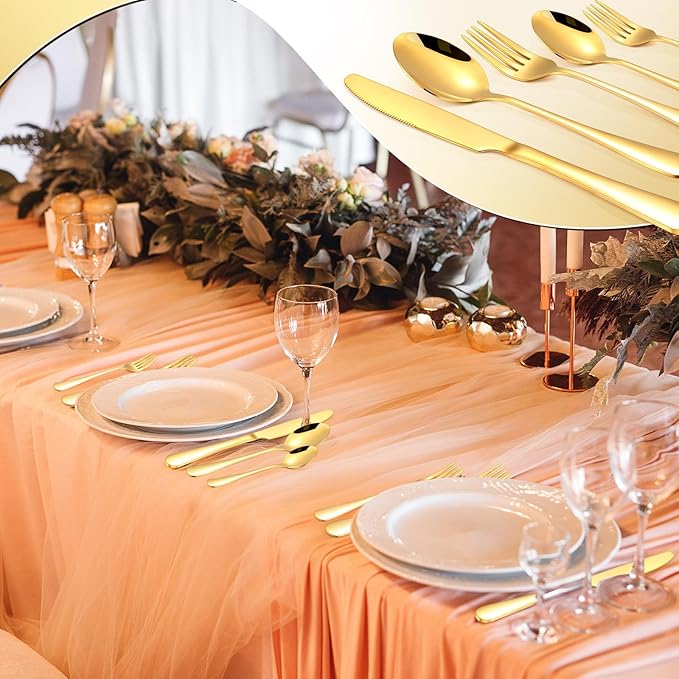 Dandat 300 Pcs Gold Silverware Set Stainless Steel Set with Dinner Forks Knife Spoon Dessert Forks Steak Knives Cutlery Flatware for 60 Guest Wedding Dinner Party Restaurant Home Holiday Party