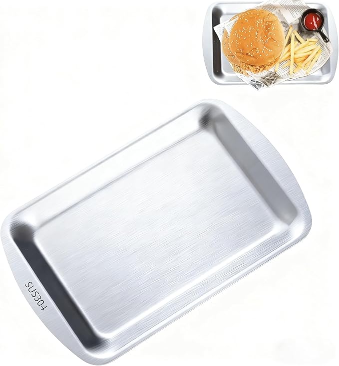 Silver Serving Tray, 304 Stainless Steel Rectangle Plates for Food, Metal Tray for Bathroom Vanity Jewelry and Serving, 9.2x5.7Inch