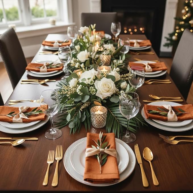 D'Moksha Homes Rust Linen Napkins Set of 8 - Classic Hemstitch 100% Pure Linen Hemstitch Dinner Napkins 20 x 20 Inch for Winter, Christmas, Holiday, New Year - Handcrafted and Machine Washable