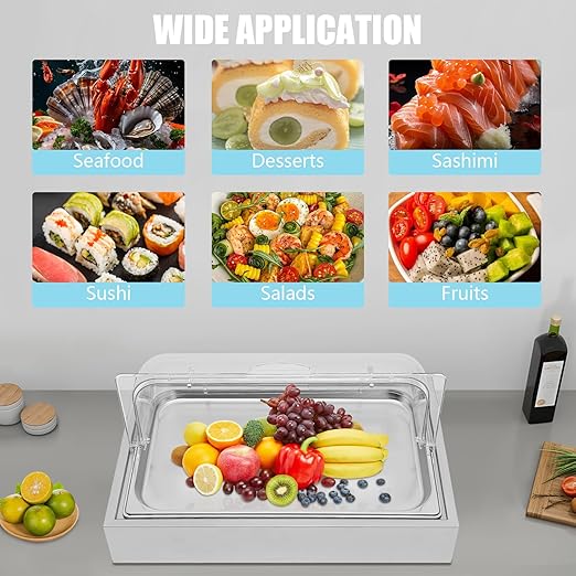 Cold Food Buffet Server, 6L Stainless Steel Ice Food Serving Display Tray with Clear Roll Top PC Cover and Ice Box, Countertop Chilled Serving Tray Platter for Fruit Party Buffet Silver
