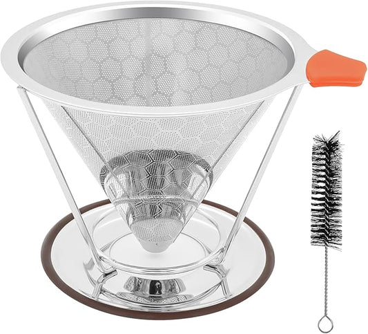 Pour Over Coffee Dripper, Paperless Pour Over Coffee Filter, Reusable Pour Over Coffee Maker Set, Dual-Layer Stainless Steel Cone Filter, Detachable Dripper Stand, Single Cup Brewer 1-4 Cup