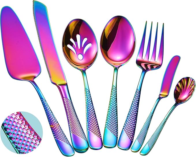 Xideman® 7-Piece Premium Hammered 18/10 Stainless Steel Silverware Serving Utensil Set - Iridescent Hostess Serveware Set with Cake Knife & Cake Server for Parties, Catering, Kitchen, Buffet (Rainbow)