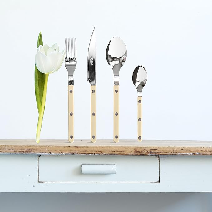 SABRE PARIS - 5-Piece Flatware Set - Bistrot Collection - Knife, Fork, Soup Spoon, Teaspoon & Dessert Fork - Stainless Steel & Nylon - Dishwasher Safe - Ivory - Brilliant Finish