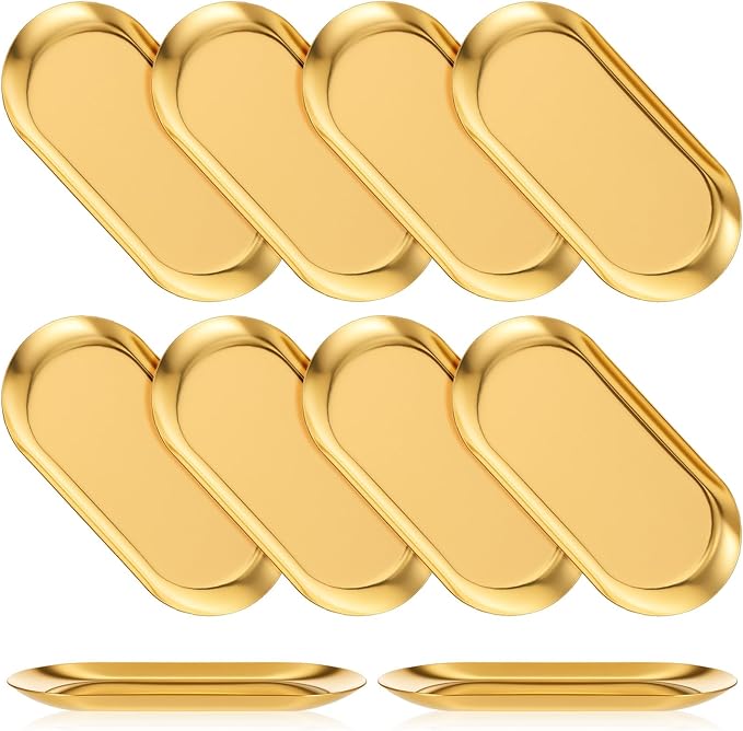 10 PCS Stainless Steel Gold Trays Serving Platters Set Bathroom Vanity Tray Decorative Jewelry Dish Small Metal Organizer Oval Storage for Perfume Trinket Buffet Snack Key