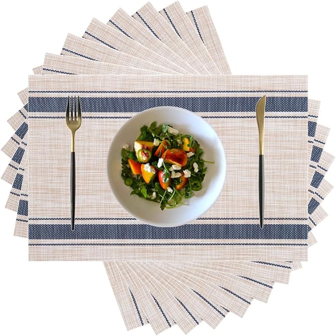 Placemats,PlasticVinyl Washable Heat-Resistant Durable PVC Non-Slip Woven for Kitchen Dining Table Mats (Blue Beige, Set of 8)