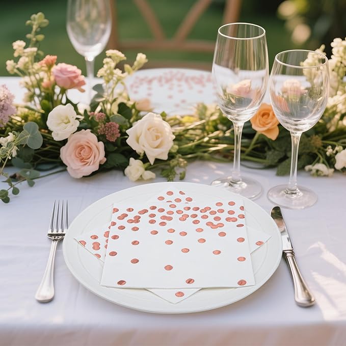 80 Pack of White Paper Cocktail Napkins with Gold Foil Polka Dot Confetti，Polka Dot Party Supplies(5 x 5 in，3-ply) (Rose Gold)