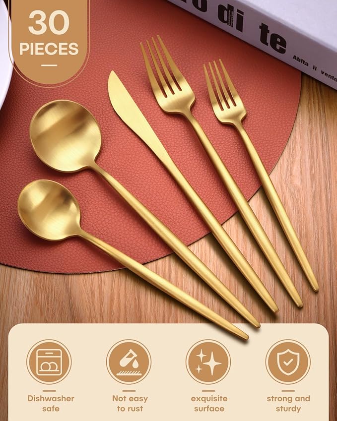 Gold Silverware Set, Ollex 30-Piece Matte Silverware Set for 6 with Premium Food-Grade Stainless Knives Forks Spoons Modern Flatware Utensil Set, Satin Finish Tableware Cutlery Set,Dishwasher Safe