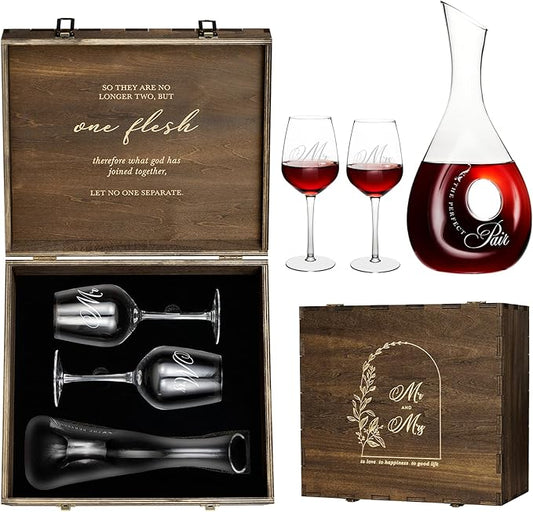 AW BRIDAL Mr and Mrs Wine Glasses and Decanter Set, Engagement Gifts for Couples 2025, Wedding Gifts for Bride and Groom, Anniversary Wine Glasses with Keepsake Box, Bridal Shower Gift for Bride to Be