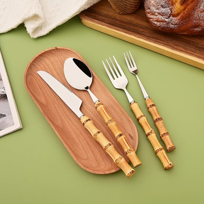 Mirror Polished Silverware Set for 6 - Bamboo Handle Cutlery Set - Stainless Steel Flatware Serving Set for Home Restaurant Wedding and Parties - 24 Pieces Eating Utensils
