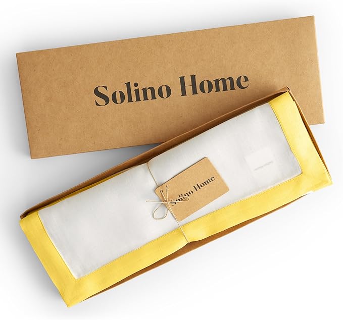 Solino Home Linen Placemats Set of 4 - Sunshine Yellow and White Placemats 14 x 19 Inch - 100% Pure Linen Table Place Mats - Classic, Handcrafted and Machine Washable