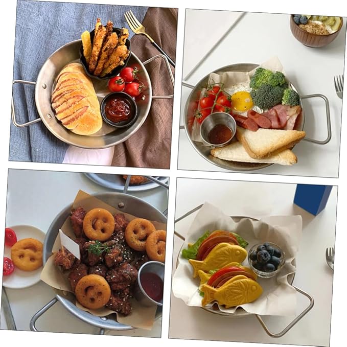 VOSAREA 1pc Stainless Steel Dessert Plate Double Handles Serving Dish for Restaurant Hotel Family Dinner