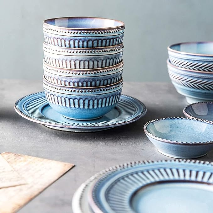 Resistant Dinner Set, Ceramics Dinner Sets, 16 Pieces Relief Craft Porcelain Dinnerware Set | Retro Blue and White Cereal Bowl Steak Plate