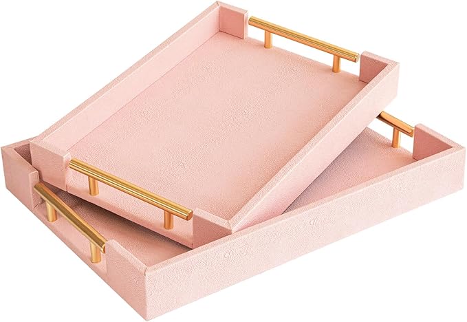Modern Elegant Pink Faux Shagreen Leather Tray, Set of 2 Rectangle Serving Trays with Gold Polished Metal Handles, Ottoman Tray Coffee Table Perfume Kitchen Trays Home Decor