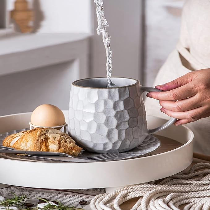 Round Dinnerware Sets | White Kitchen Plates, Bowls, and Mugs | 17 Piece Stoneware Tableware Nordic Style| Dishwasher Microwave Safe | Service for 4