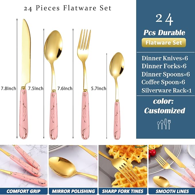 24 Pieces Flatware Set, Stainless Steel Cutlery Set with Silverware Holder, Modern Gold Silverware Set Includes Dinner Knives Forks Spoons,Hanging Silverware Set Service for 6 (Pink Gold)