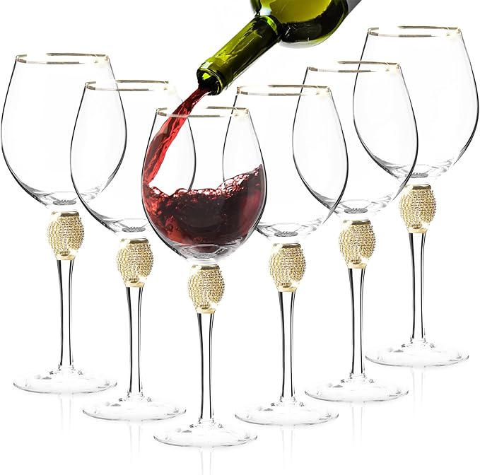 Premium Wine Glasses Set of 6 - Crystal Long Stem Wine Glass with Gold Rim & Rhinestone Design - 18 oz