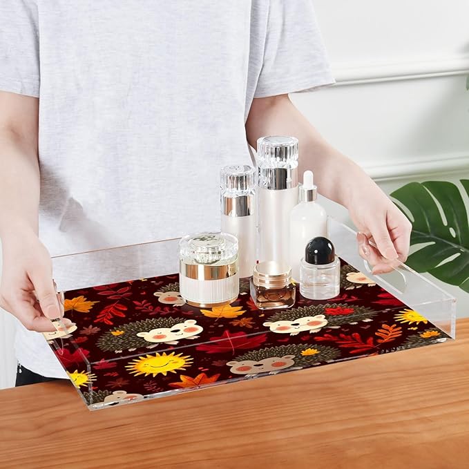 Serving Tray with Handles Clear Acrylic Tray 12x16 Inch Decorative Rectangular Tray Organizer for Ottoman Coffee Table Bathroom Autumn Leaves Hedgehogs Brown