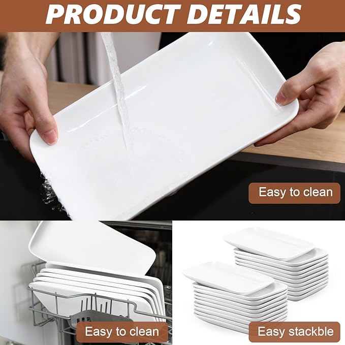 Irenare 20 Pcs 10 Inch Rectangular Salad Plates White Rectangular Porcelain Dessert Plates Appetizer Serving Tray Porcelain Platters for Fruit Sushi Dinner Parties, Microwave, Oven Safe
