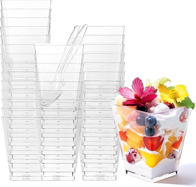 30 Pack 5 oz Square Dessert Cups with Spoons, Clear Plastic Parfait Cups for Party, Mini Serving Shooter Appetizer Cups, Dessert Shot Glasses for Tasting Samples Fruit Ice Cream
