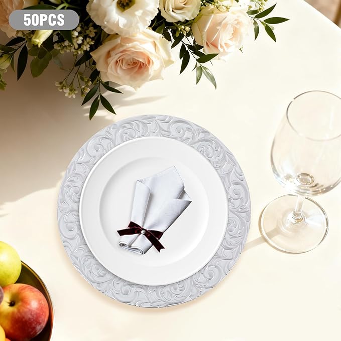50Pcs Antique Charger Plates, 13" Plastic Chargers Bulk With Embossed Rim, Round Chargers for Dinner Plates, Decorative Plate Table Setting for Party Wedding Banquet Holiday Event (White+Silver)