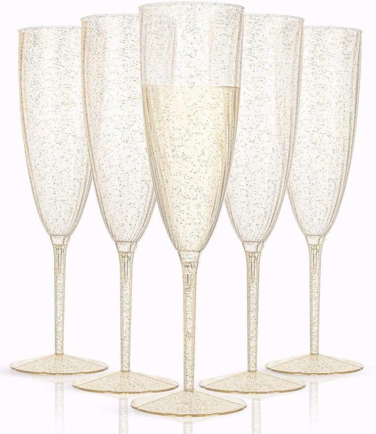 WDF 36-Pack Plastic Champagne Flutes - Gold Glitter Champagne Glasses Disposable - Perfect for Thanksgiving, Weddings, Birthday, Bridal Showers