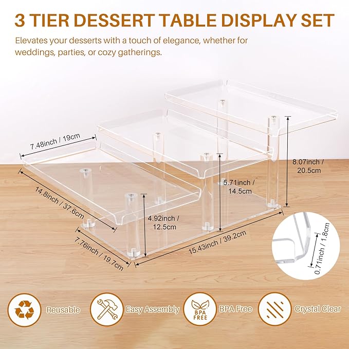 Boxalls Dessert Table Display Set 3 Tier, Clear Acrylic Stands for Cupcakes Dessert Pastry Food Treat, Tiered Buffet Risers Platter Serving Trays for Wedding Birthday Party