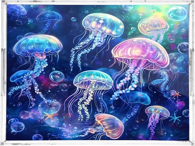 Serving Tray with Handles Clear Acrylic Tray 12x16 Inch Decorative Rectangular Tray Organizer for Ottoman Coffee Table Bathroom Vivid Jellyfishes Bubbles and Starfishes