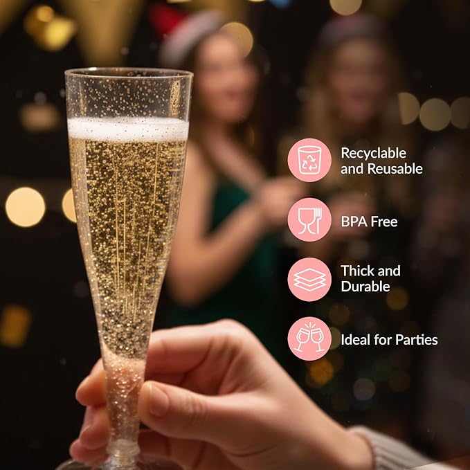 Prestee 200 Disposable Champagne Flutes Gold Glitter Glasses - 4.5 Oz Plastic Champagne Cups for Parties, Wedding Toasts, Mimosa Bar, and New Year’s Eve - Elegant Bulk Gold Plastic Wine Flutes