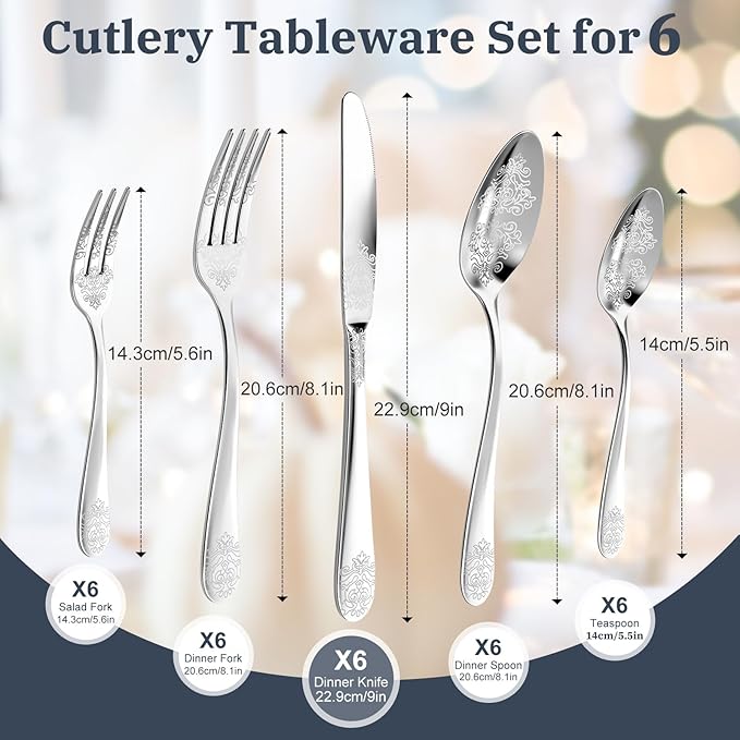 30-Piece Stainless Steel Silverware Set, Elegant Floral Engraved Cutlery Flatware Set for 6, Durable Tableware Utensil Sets Silver Include Fork Spoon Knife with Mirror Polish