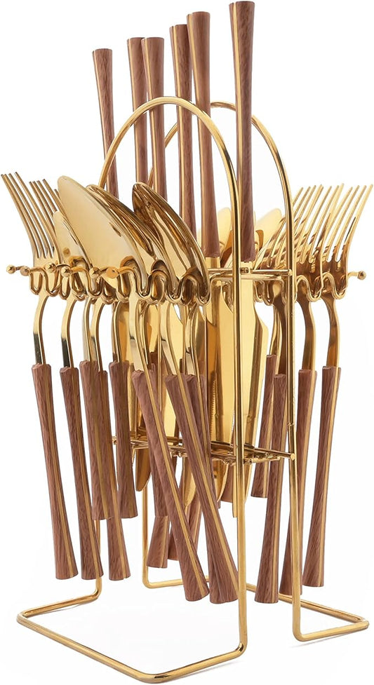 25 PCS Silverware Set with Storage Holder - Family Flatware Set Service for 6 - Gold Stainless Steel Cutlery Set with Wood Grain Handle - Tableware Utensils Set with Hanging Rack - Mirror Polished