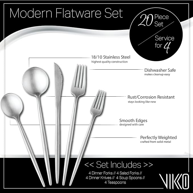 Vikko Decor Modern Silverware Set, Brushed Silver Flatware Set, 18/10 Stainless Steel, Elegant Long Handled Cutlery, Satin Matte Silverware for Upscale Dining, 20 Pc Set, Service for Four(4)